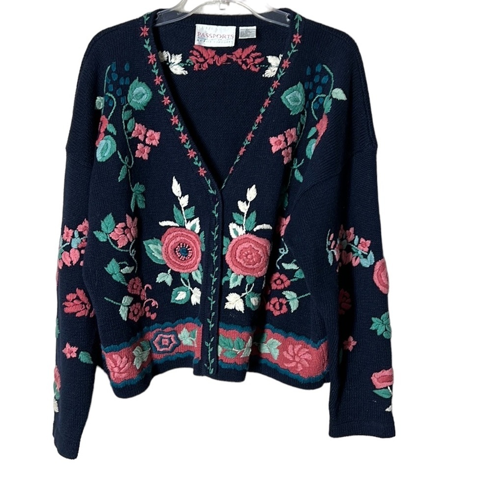 Vintage Floral Embroidered Cardigan Sweater, size L